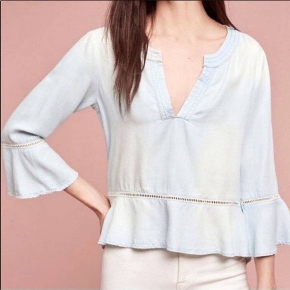 Bella Dahl Light Blue Chambray Blouse Bell Sleeve Boho Sz Small Beachy Tencel